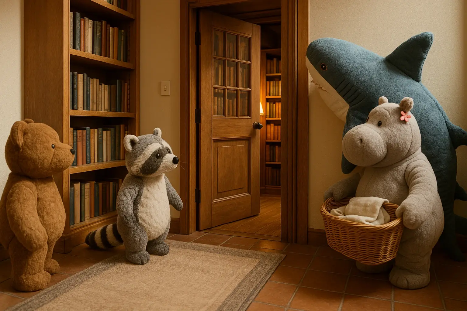 Waschbär und die Tür hinter dem Regal