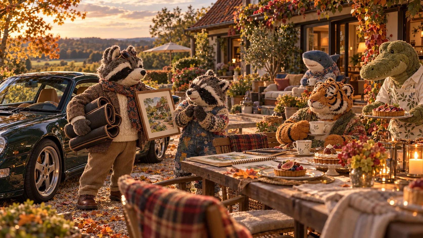 Zwei Waschbären, ein Sportwagen und ein sehr gutes Dessert