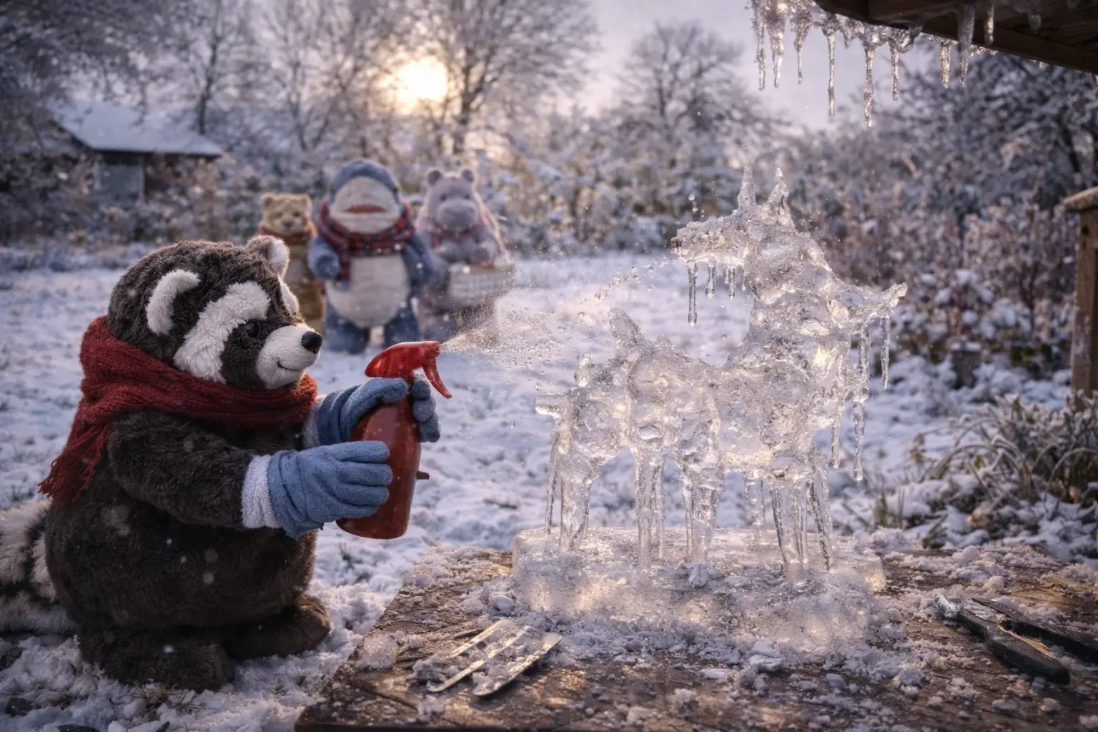 Waschbär und die Kunst aus Eis