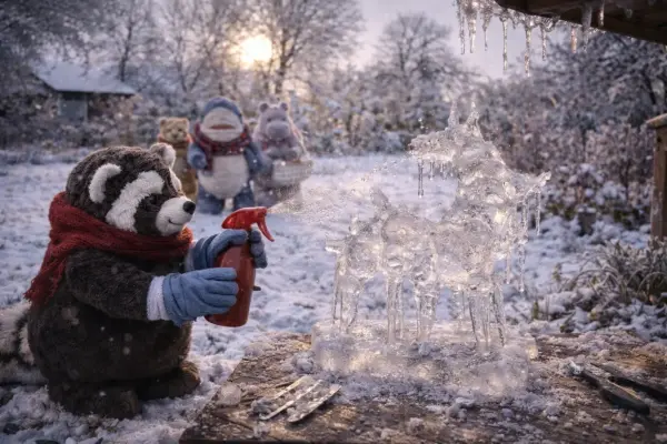 Waschbär und die Kunst aus Eis