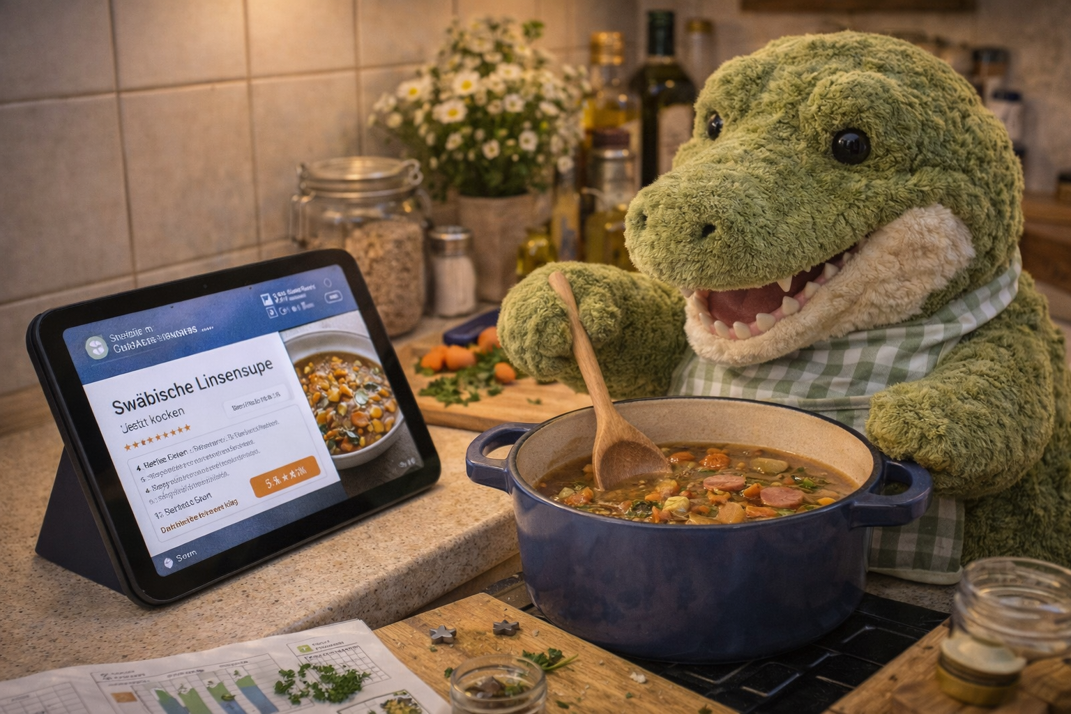 Das Küchendisplay und Krokos Linsensuppen-Abend