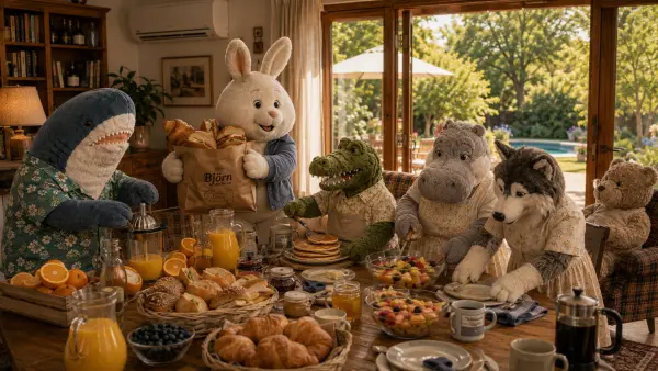 Das große Frühstück im kühlen Wohnzimmer