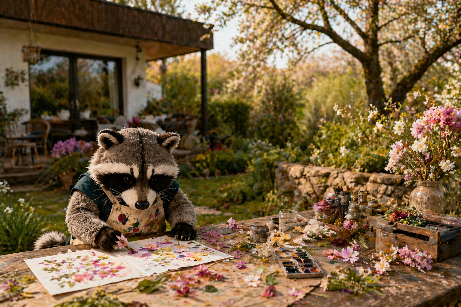 Waschbär und die Blütenwerkstatt im Garten